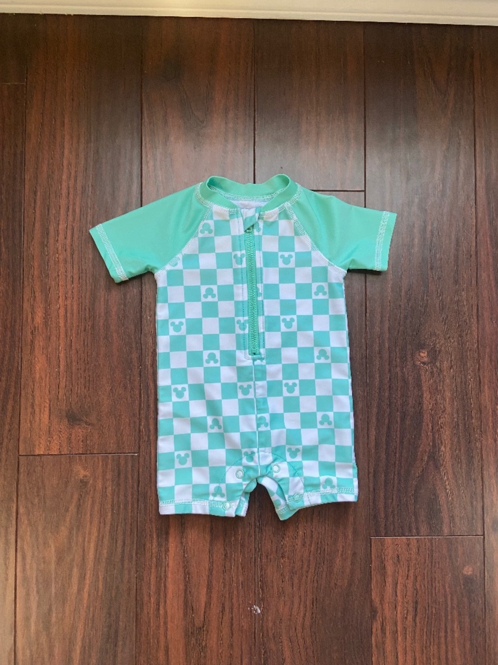 MICKEY MOUSE Checkered Teal/White Swim Bathing Suit Zip Front Snap Bottom 3/6 mo
